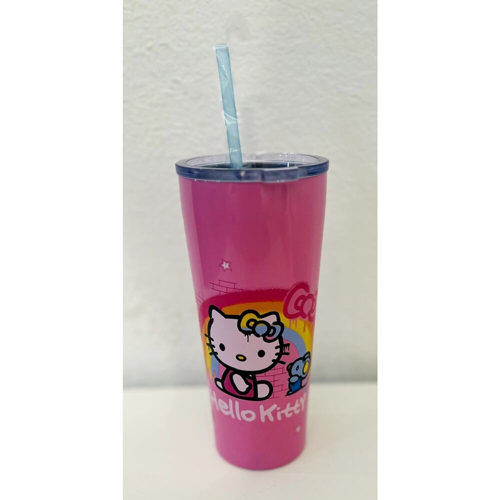 HELLO KITTY‎ Tumbler PINK Rainbow with Brick- Hearts Lid, Straw